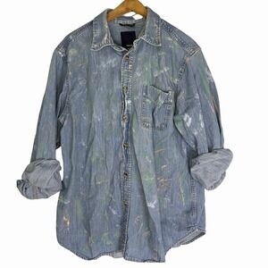 Vtg Men's Paint Splat Artist 100% Cotton Denim Button Down Retro Shirt Sz Large